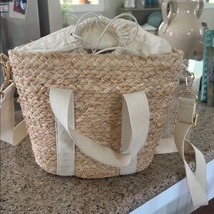 J CREW Woven Straw Tote Bag with Cream Straps